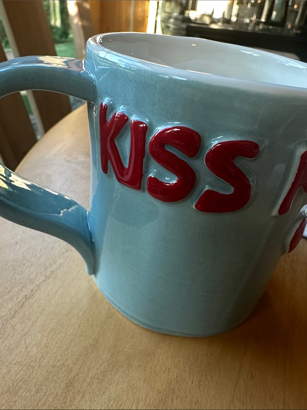 L&clay Anthropologie Blue Ceramic 'Kiss Me Instead' Mug with Red Lettering